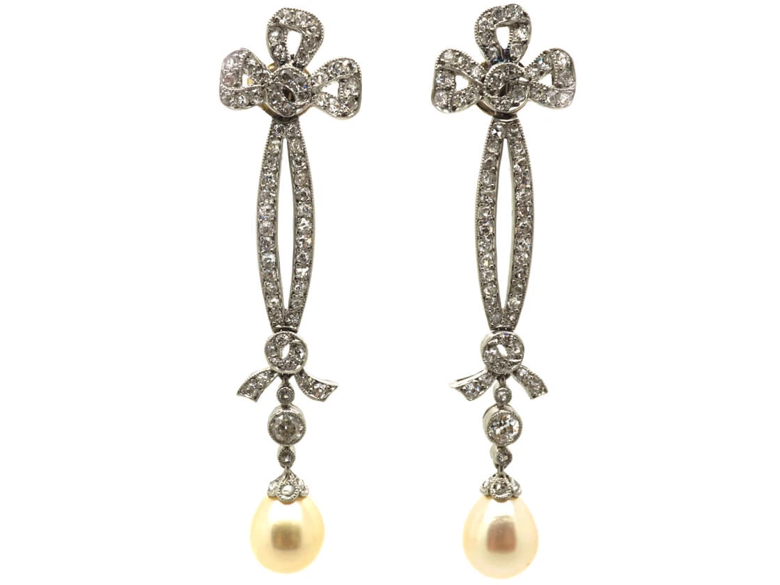 Edwardian Platinum, Diamond & Pearl Drop Earrings With Bow Drops 3 Edwardian Platinum, Diamond & Pearl Drop Earrings With Bow Drops