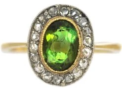 Edwardian 18ct Gold, Green Tourmaline & Rose Diamond Oval Cluster Ring