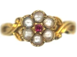 Regency 15ct Gold Natural Split Pearl & Ruby Cluster Ring With Glazed Locket On The Reverse