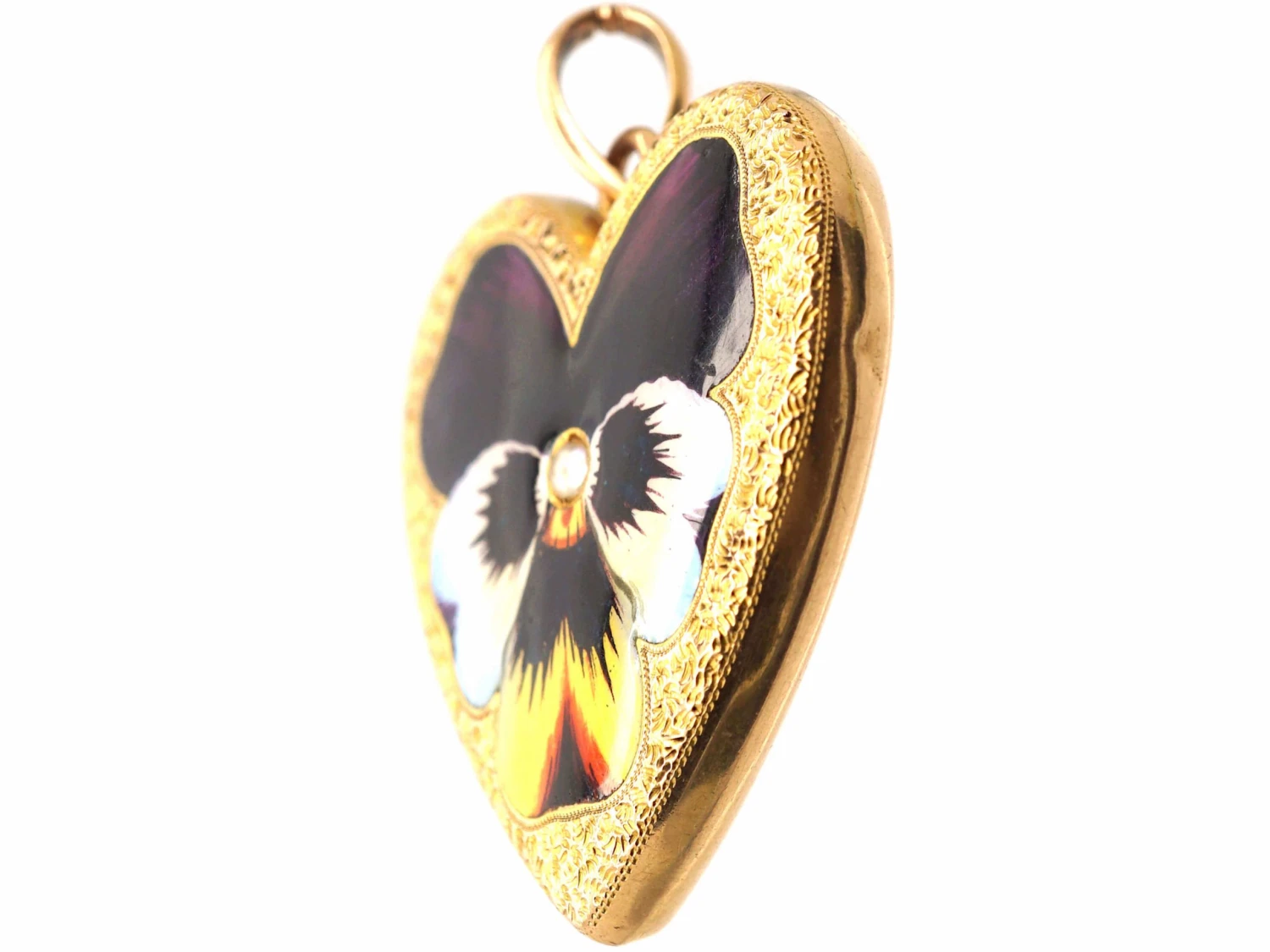 Edwardian 18ct Gold, Large Heart Shaped Pendant With Enamelled Pansy & Natural Split Pearl 4 Edwardian 18ct Gold, Large Heart Shaped Pendant With Enamelled Pansy & Natural Split Pearl - Image 2