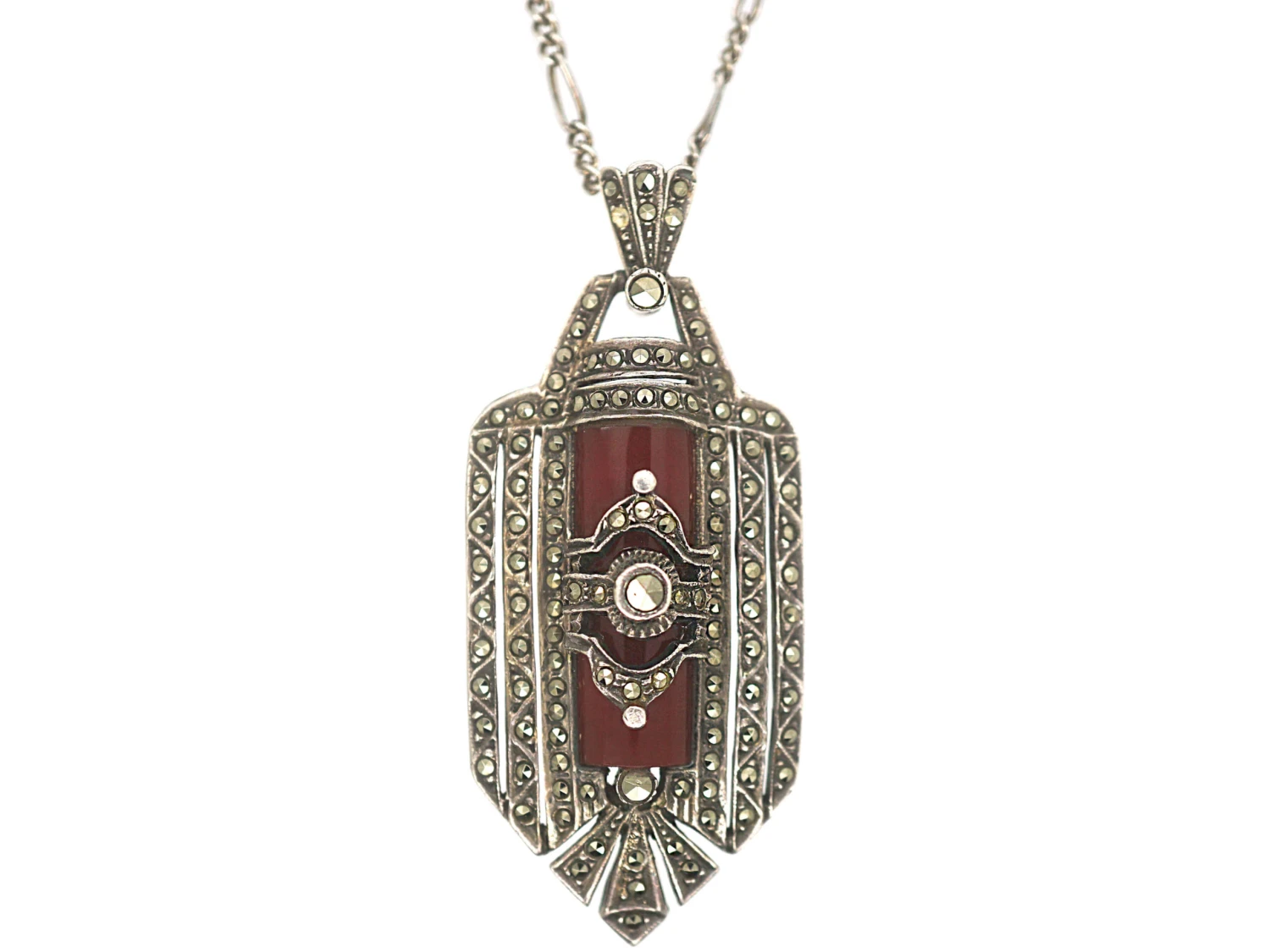 Art Deco Silver, Carnelian & Marcasite Pendant On Silver Chain 3 Art Deco Silver, Carnelian & Marcasite Pendant On Silver Chain