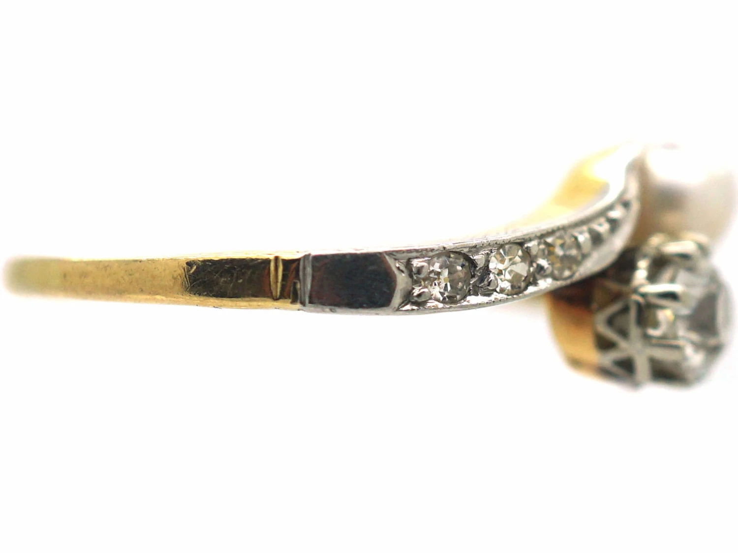 Edwardian 18ct Gold & Platinum Crossover Ring Set With A Natural Pearl & A Diamond 8 Edwardian 18ct Gold & Platinum Crossover Ring Set With A Natural Pearl & A Diamond - Image 6