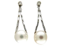 Large Cultured Pearl & Diamond Drop Earrings -Antique Jewellery Company 327a