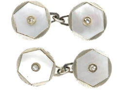 Art Deco 18ct White Gold Mother Of Pearl & Diamond Cufflinks
