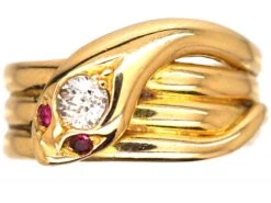 Victorian 18ct Gold Snake Ring With Diamond & Ruby Eyes