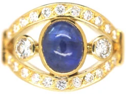 French 18ct Gold Cabochon Sapphire & Diamond Ring