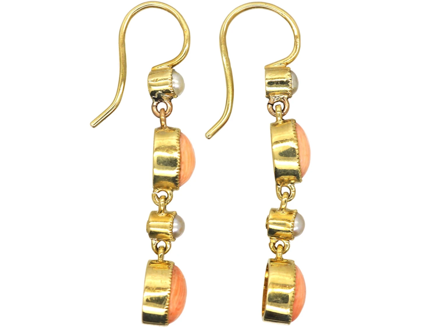 Edwardian 15ct Gold, Angel Skin Coral & Natural Split Pearl Drop Earrings 4 Edwardian 15ct Gold, Angel Skin Coral & Natural Split Pearl Drop Earrings - Image 2