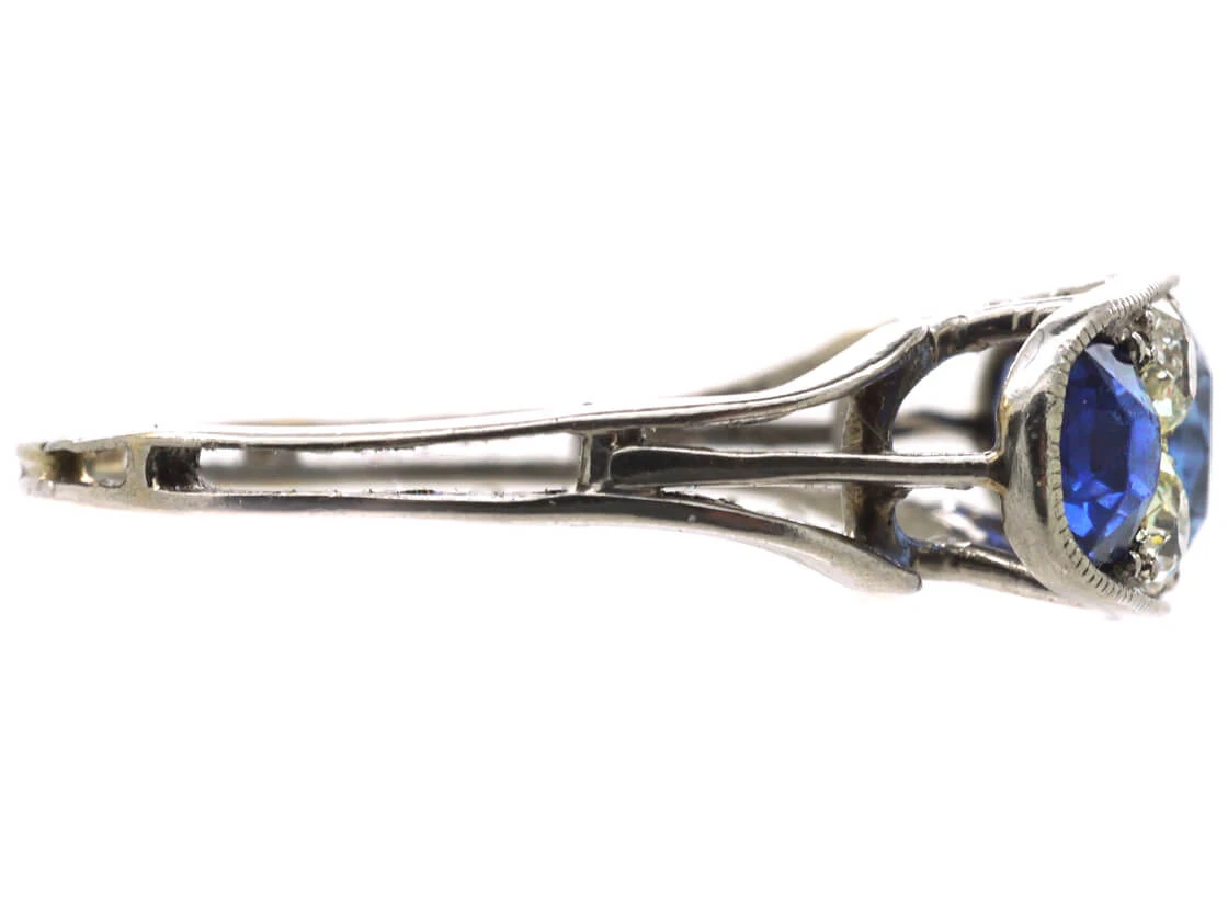 French Art Deco Platinum, Three Stone Sapphire & Diamond Ring 7 French Art Deco Platinum, Three Stone Sapphire & Diamond Ring - Image 5