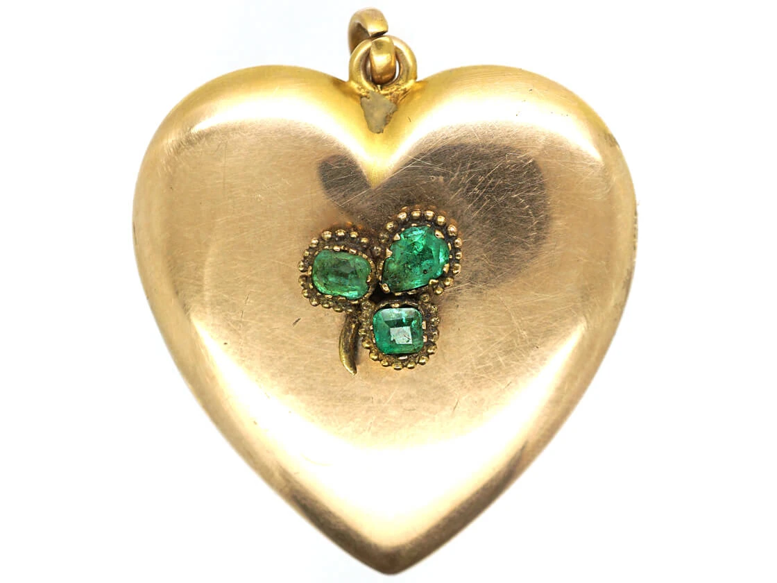 Large Edwardian 10ct Gold Heart Shaped Locket Set With Three Emeralds 3 Large Edwardian 10ct Gold Heart Shaped Locket Set With Three Emeralds