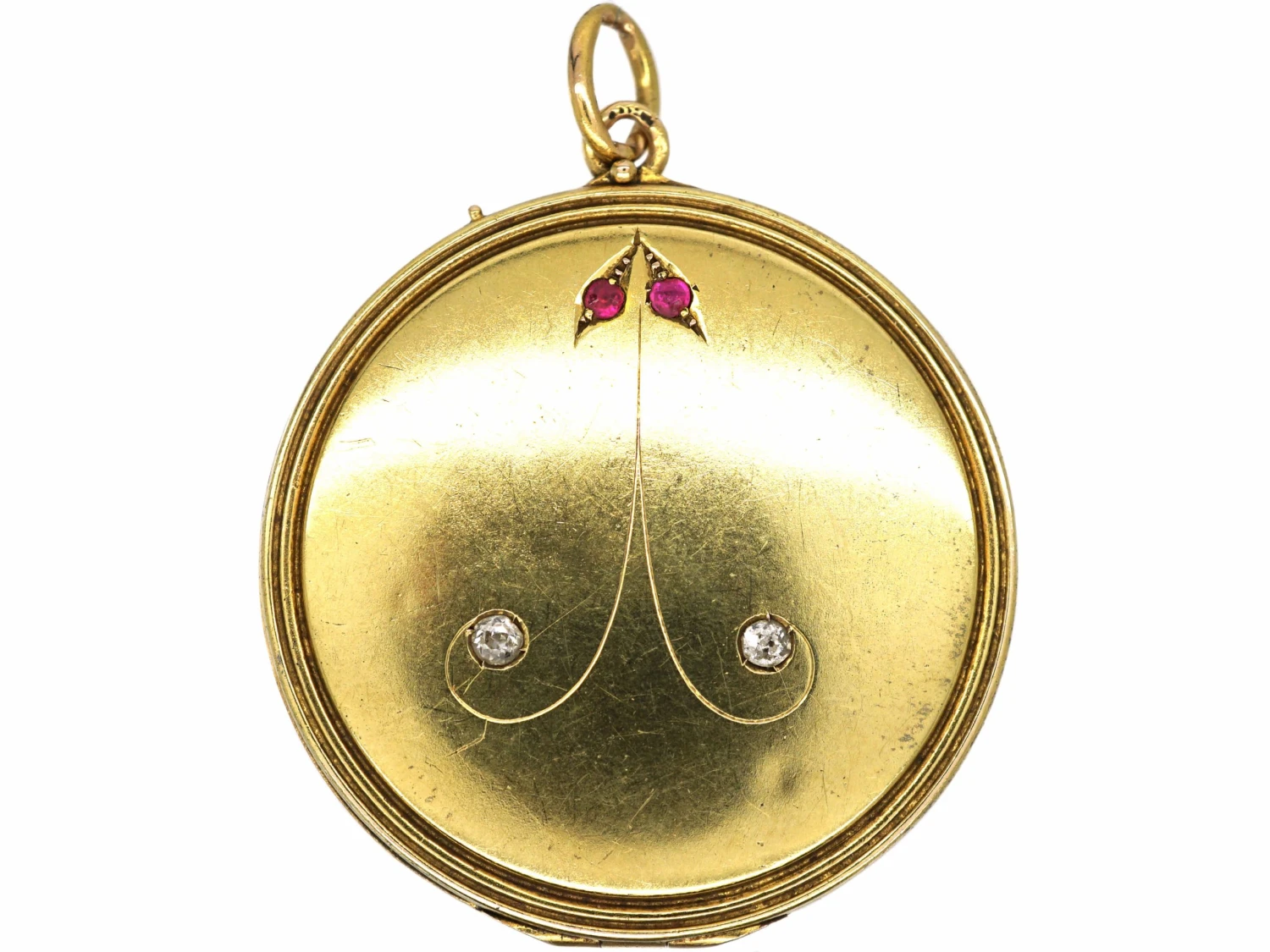Art Nouveau 18ct Gold Round Locket Set With Rubies & Rose Diamonds 3 Art Nouveau 18ct Gold Round Locket Set With Rubies & Rose Diamonds
