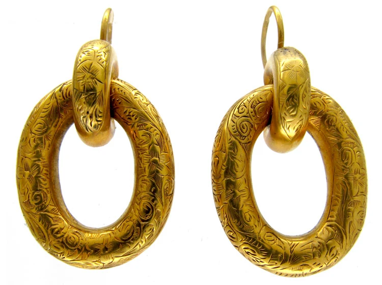 Engraved Gold Victorian Hoop Earrings 3 Engraved Gold Victorian Hoop Earrings