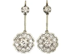 Art Deco 14ct White & Yellow Gold & Diamond Drop Cluster Earrings