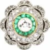 Art Deco 18ct Gold And Platinum, Emerald And Diamond Target Ring With Scalloped Surround
