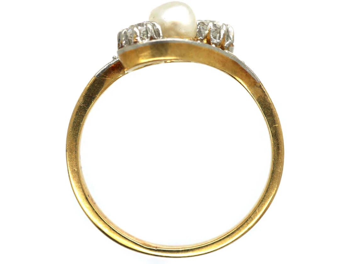 Art Nouveau 18ct Gold & Platinum, Diamond & Natural Pearl Crossover Ring 6 Art Nouveau 18ct Gold & Platinum, Diamond & Natural Pearl Crossover Ring - Image 4