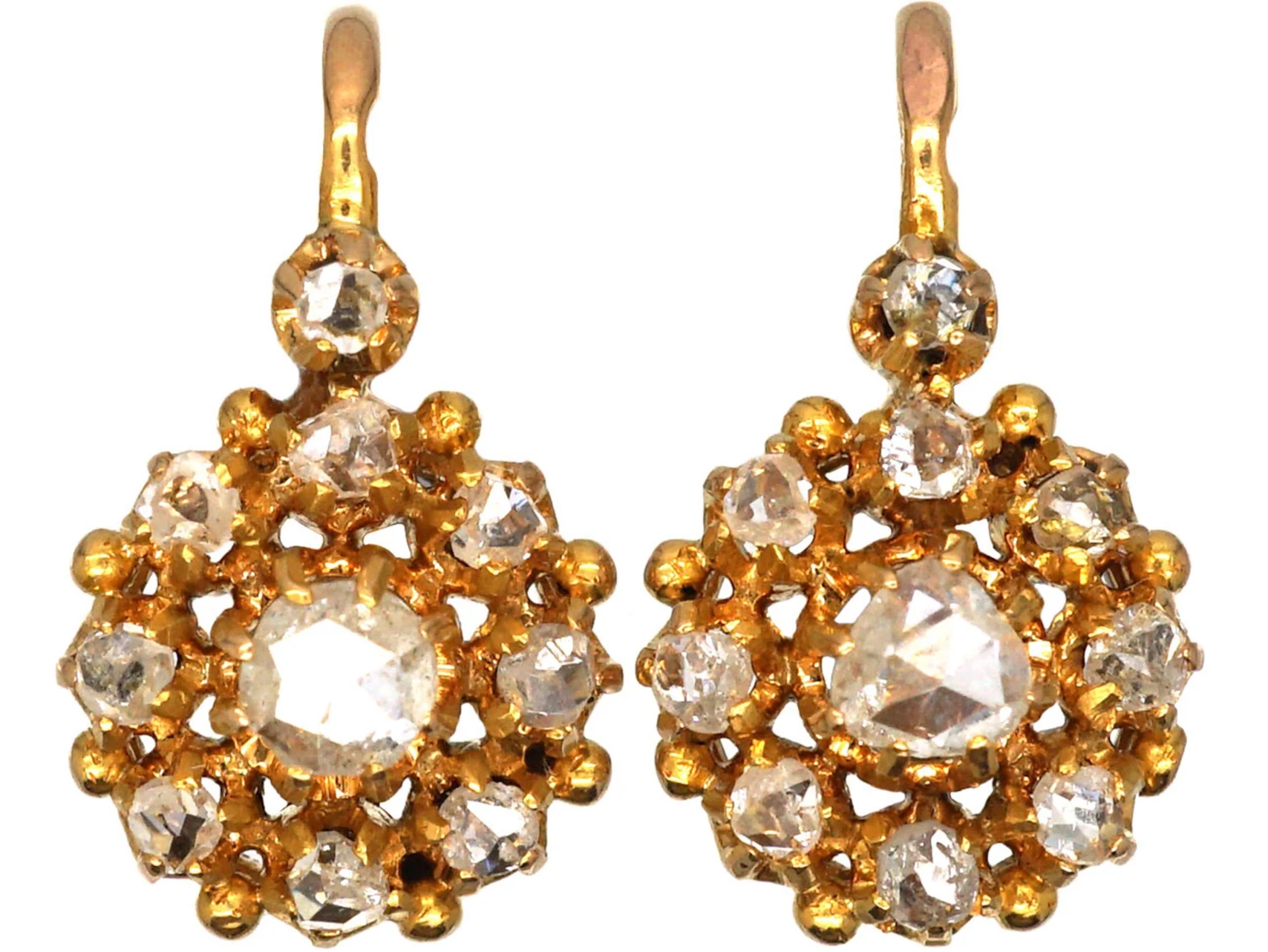 French Early 20th Century 18ct Gold, Rose Cut Diamond Cluster Earrings 3 French Early 20th Century 18ct Gold, Rose Cut Diamond Cluster Earrings