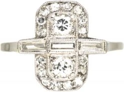 Art Deco Rectangular Shaped Ring With Round & Baguette Diamonds