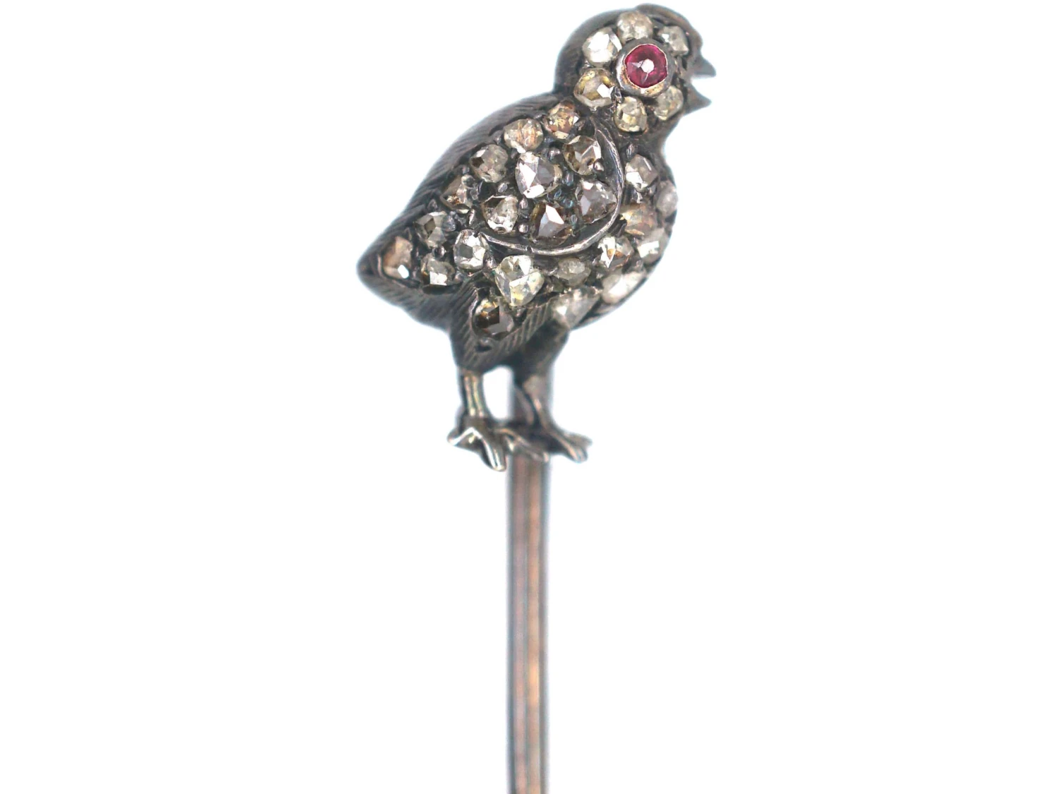 Edwardian 15ct Gold & Silver, Rose Diamond Chick Tie Pin With Ruby Eye 3 Edwardian 15ct Gold & Silver, Rose Diamond Chick Tie Pin With Ruby Eye