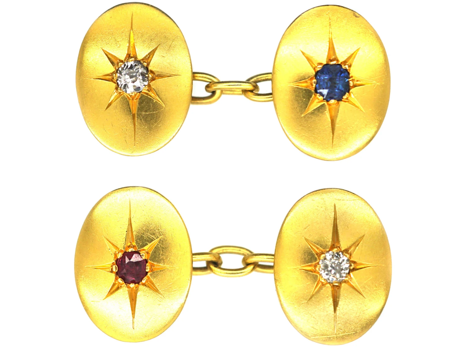 Victorian 18ct Gold Oval Cufflinks Set With A Sapphire, Ruby & Diamonds 3 Victorian 18ct Gold Oval Cufflinks Set With A Sapphire, Ruby & Diamonds