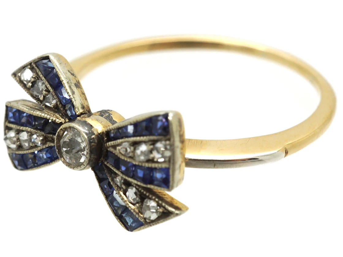 Art Deco 18ct Gold, Sapphire, Diamond & Rose Diamond Bow Ring 9 Art Deco 18ct Gold, Sapphire, Diamond & Rose Diamond Bow Ring - Image 7