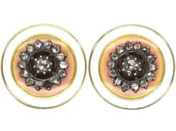 Edwardian 18ct Gold, Peach Enamel & Rose Diamond Round Earrings