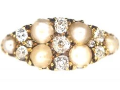 Victorian 18ct Gold Boat Shaped Ring Set With Diamonds & Natural Split Pearls