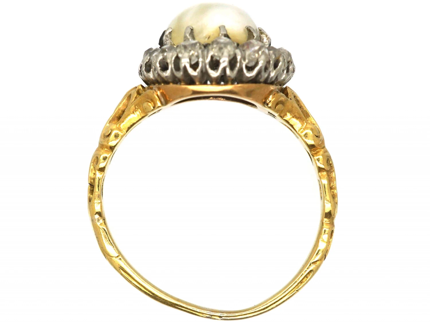 Victorian 18ct Gold, Natural Pearl & Old Mine Cut Diamond Cluster Ring 5 Victorian 18ct Gold, Natural Pearl & Old Mine Cut Diamond Cluster Ring - Image 3