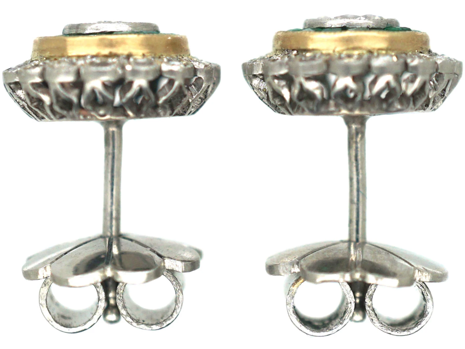 Art Deco 18ct Gold & Platinum, Emerald & Diamond Target Earrings 5 Art Deco 18ct Gold & Platinum, Emerald & Diamond Target Earrings - Image 3