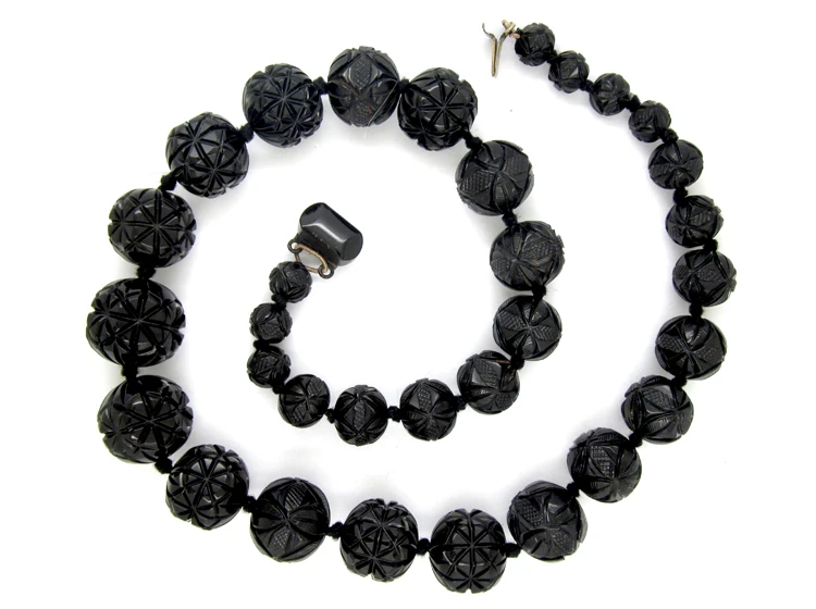 Carved Jet Victorian Bead Necklace 3 Carved Jet Victorian Bead Necklace