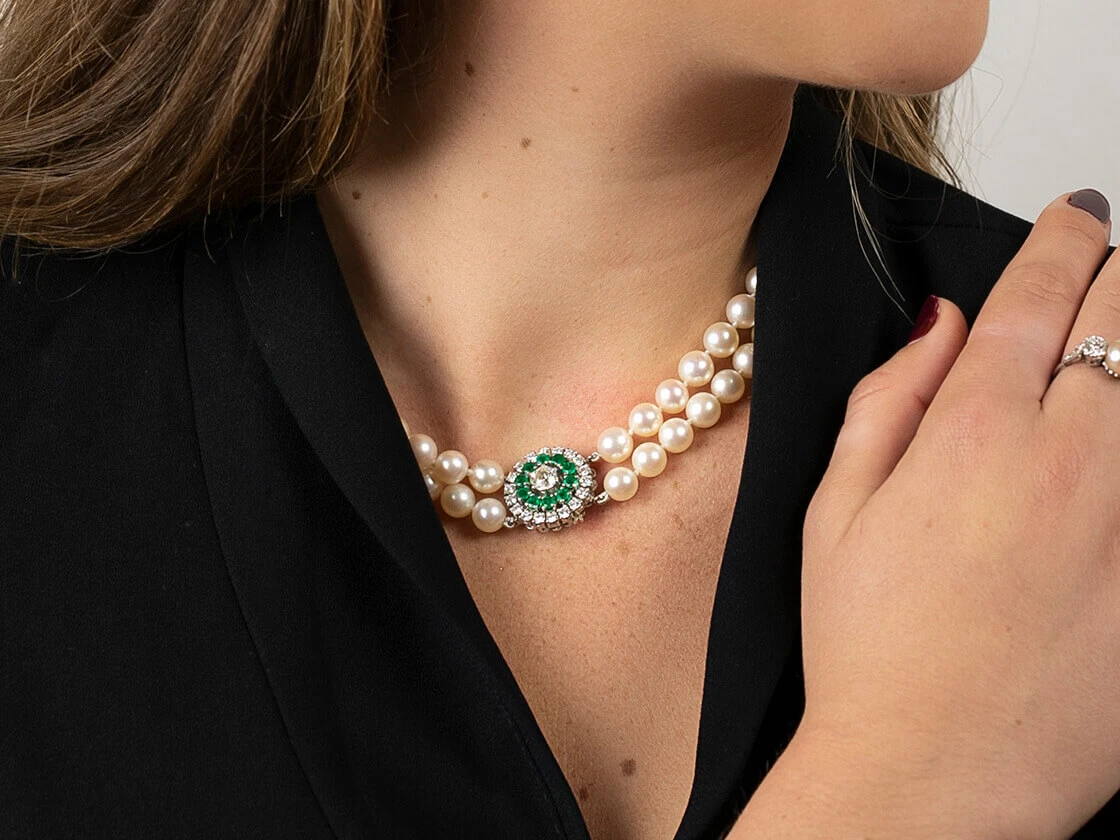 Cultured Pearl Double Strand Necklace With Emerald & Diamond Clasp 8 Cultured Pearl Double Strand Necklace With Emerald & Diamond Clasp - Image 6