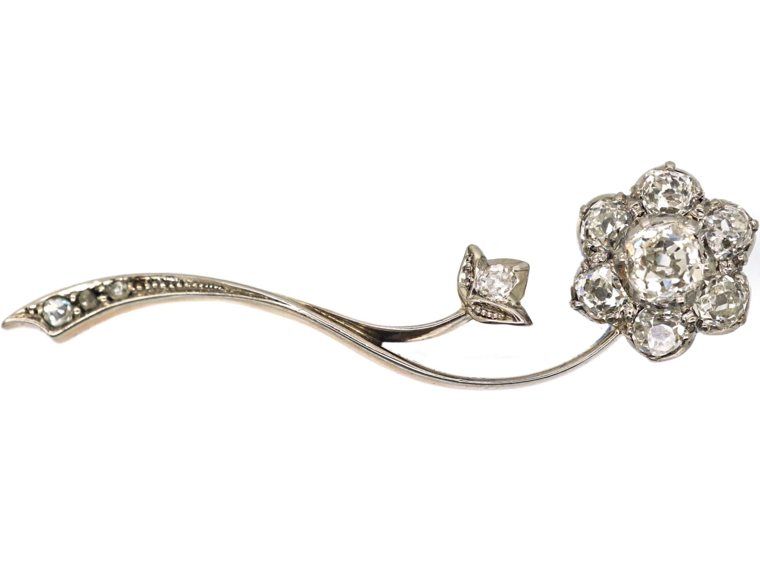Victorian Curved Old Mine Cut Diamond Flower Brooch 3 Victorian Curved Old Mine Cut Diamond Flower Brooch