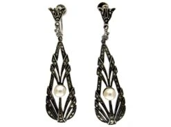 Silver, Marcasite & Pearl Long Drop Earrings