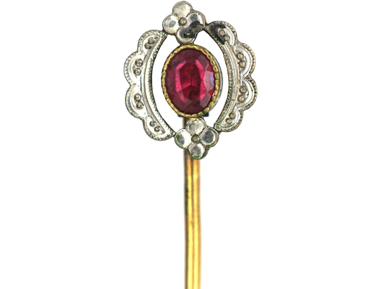 Edwardian Silver & Gold Plated Tie Pin With Red Paste 3 Edwardian Silver & Gold Plated Tie Pin With Red Paste