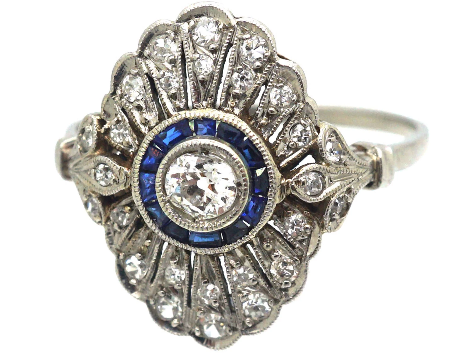 Art Deco Platinum, Sapphire & Diamond Target & Feather Style Ring 9 Art Deco Platinum, Sapphire & Diamond Target & Feather Style Ring - Image 7
