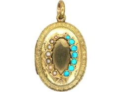 Victorian 15ct Gold Oval Locket Set With Turquoise & Natural Split Pearls In A Wreath Design