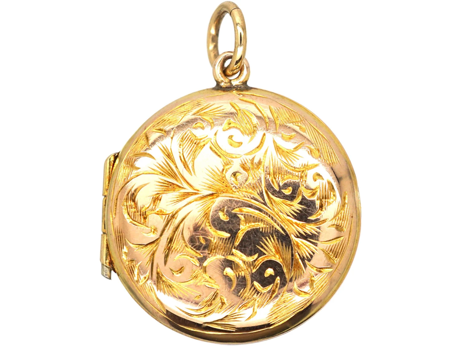 Edwardian 9ct Gold Small Round Locket With Engraved Leaf Motif 3 Edwardian 9ct Gold Small Round Locket With Engraved Leaf Motif