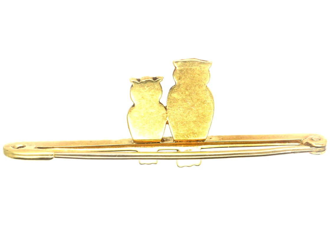 Edwardian 15ct Gold, Enamel & Pearl Mother & Baby Owl Brooch 4 Edwardian 15ct Gold, Enamel & Pearl Mother & Baby Owl Brooch - Image 2