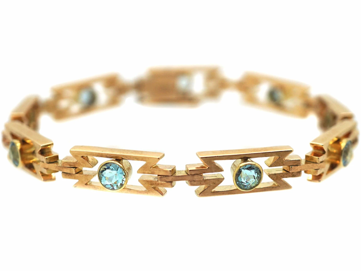 Art Deco 15ct Gold & Aquamarine Zig Zag Bracelet 4 Art Deco 15ct Gold & Aquamarine Zig Zag Bracelet - Image 2