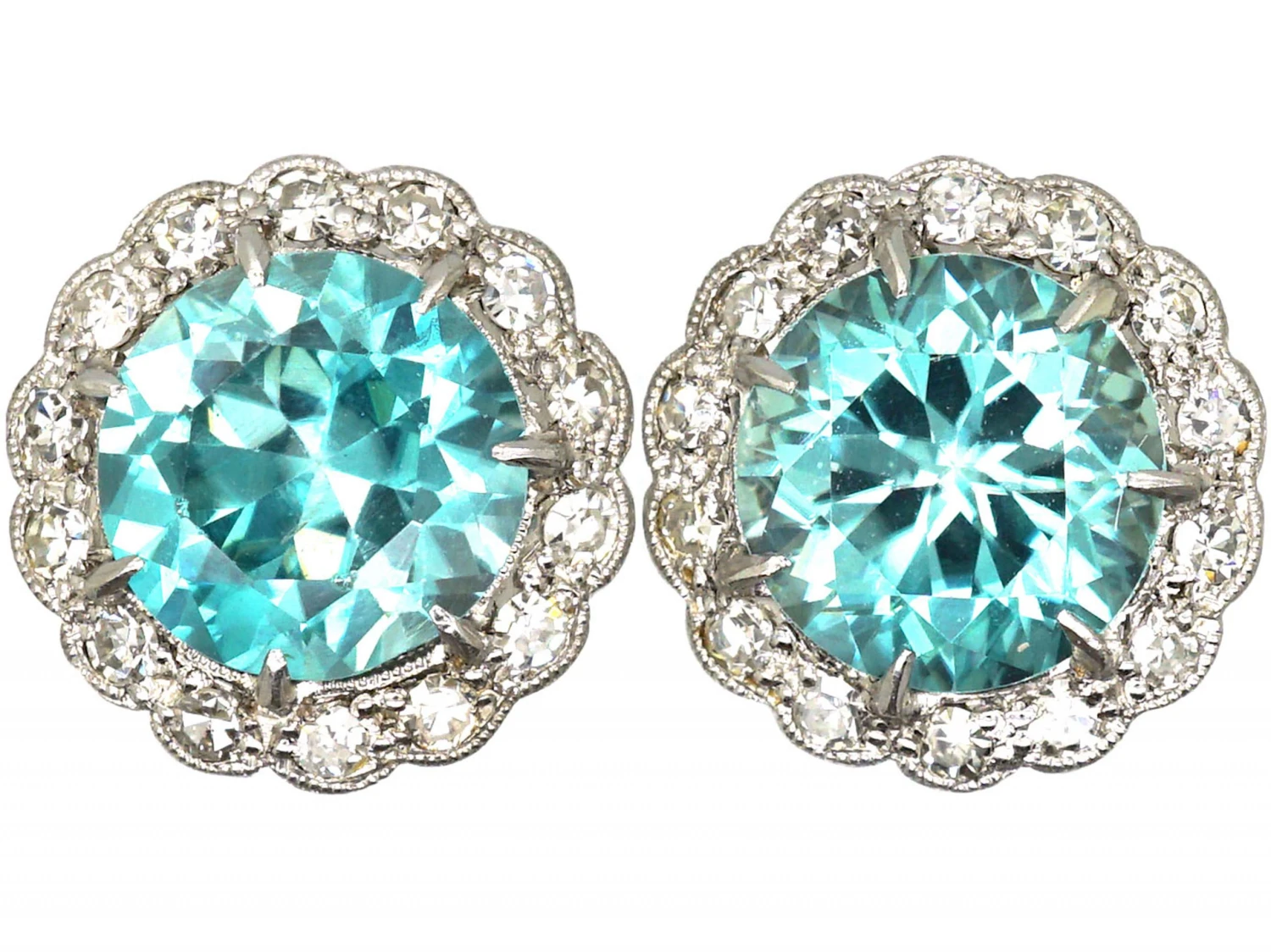 Art Deco 14ct White Gold, Zircon & Diamond Cluster Earrings 3 Art Deco 14ct White Gold, Zircon & Diamond Cluster Earrings