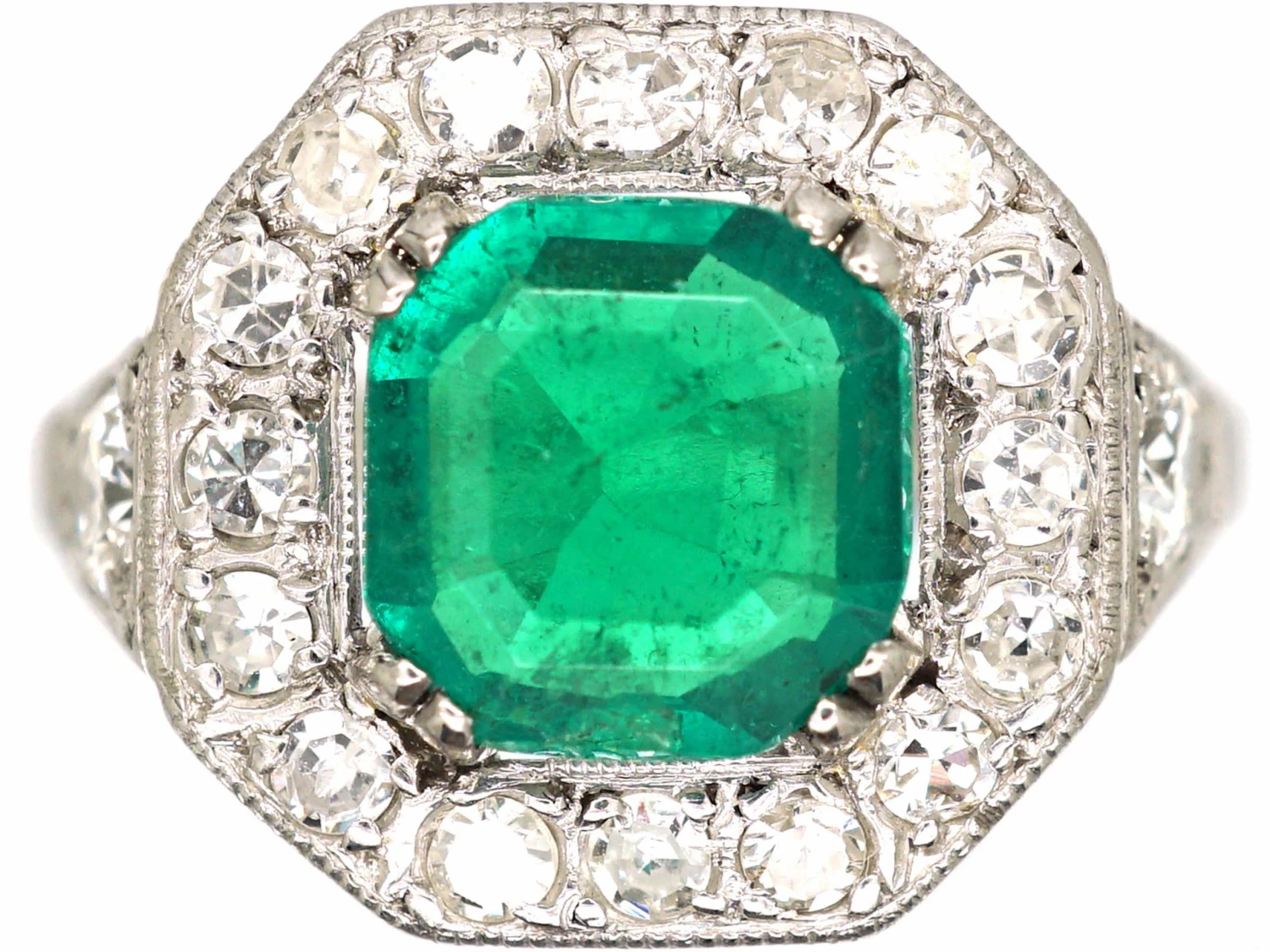 Art Deco 18ct White Gold, Columbian Emerald & Diamond Ring 3 Art Deco 18ct White Gold, Columbian Emerald & Diamond Ring
