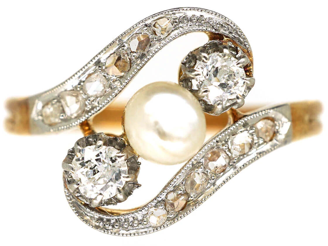 Art Nouveau 18ct Gold & Platinum, Diamond & Natural Pearl Crossover Ring 3 Art Nouveau 18ct Gold & Platinum, Diamond & Natural Pearl Crossover Ring