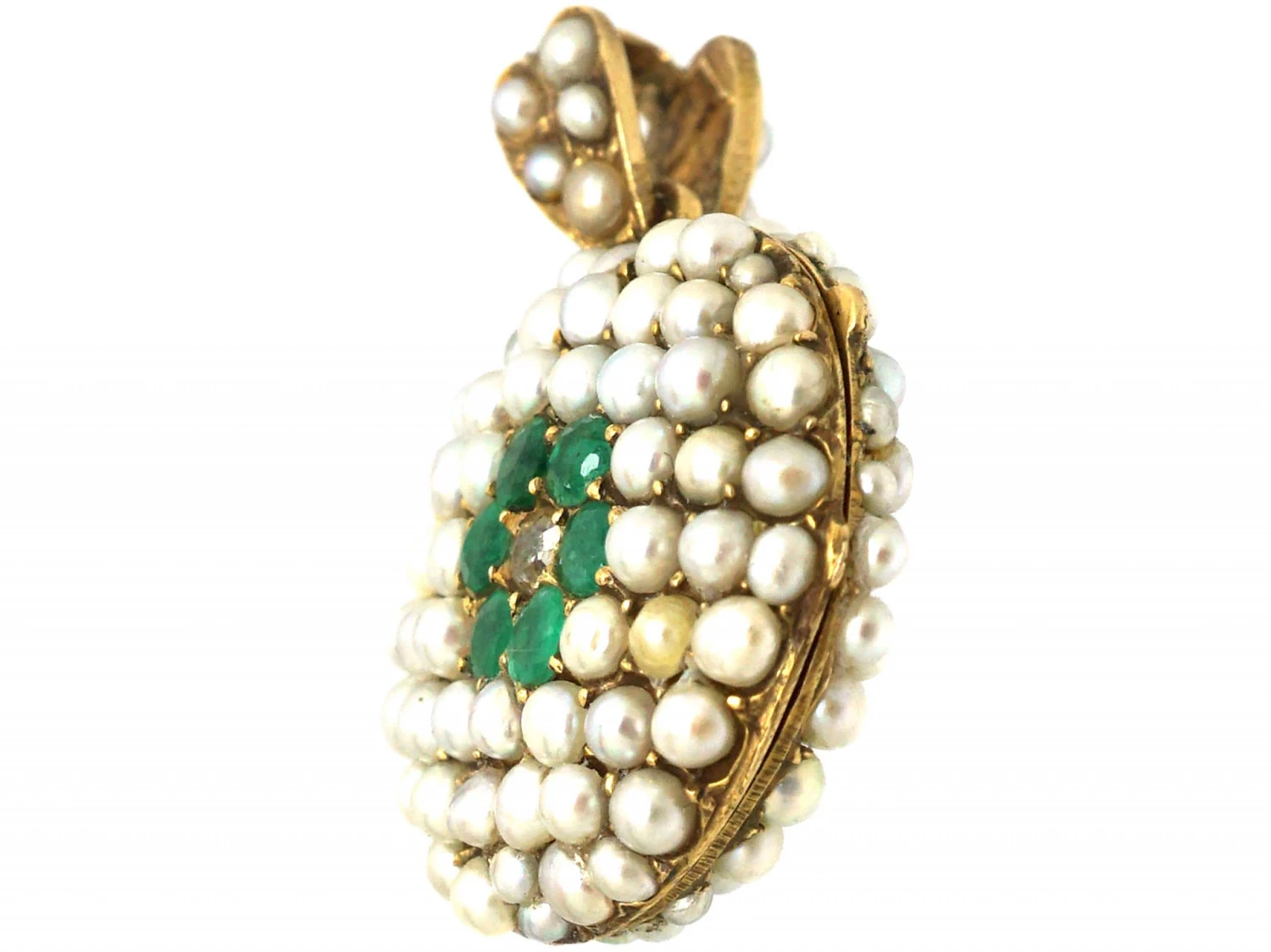 Edwardian 15ct Gold Double Sided Round Locket Set With Pearls, Emeralds & Diamonds 5 Edwardian 15ct Gold Double Sided Round Locket Set With Pearls, Emeralds & Diamonds - Image 3