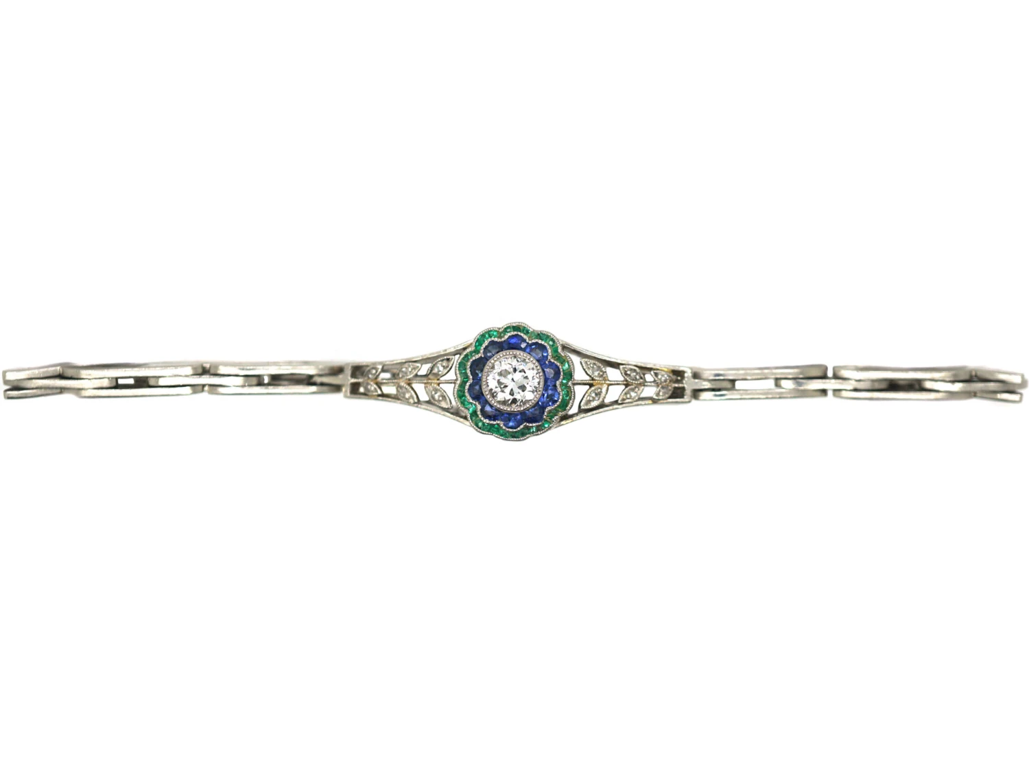Art Deco Platinum, Diamond Emerald & Sapphire Bracelet 3 Art Deco Platinum, Diamond Emerald & Sapphire Bracelet