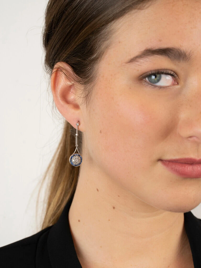 Art Deco Platinum, Sapphire & Diamond Target Design Drop Earrings 4 Art Deco Platinum, Sapphire & Diamond Target Design Drop Earrings - Image 2