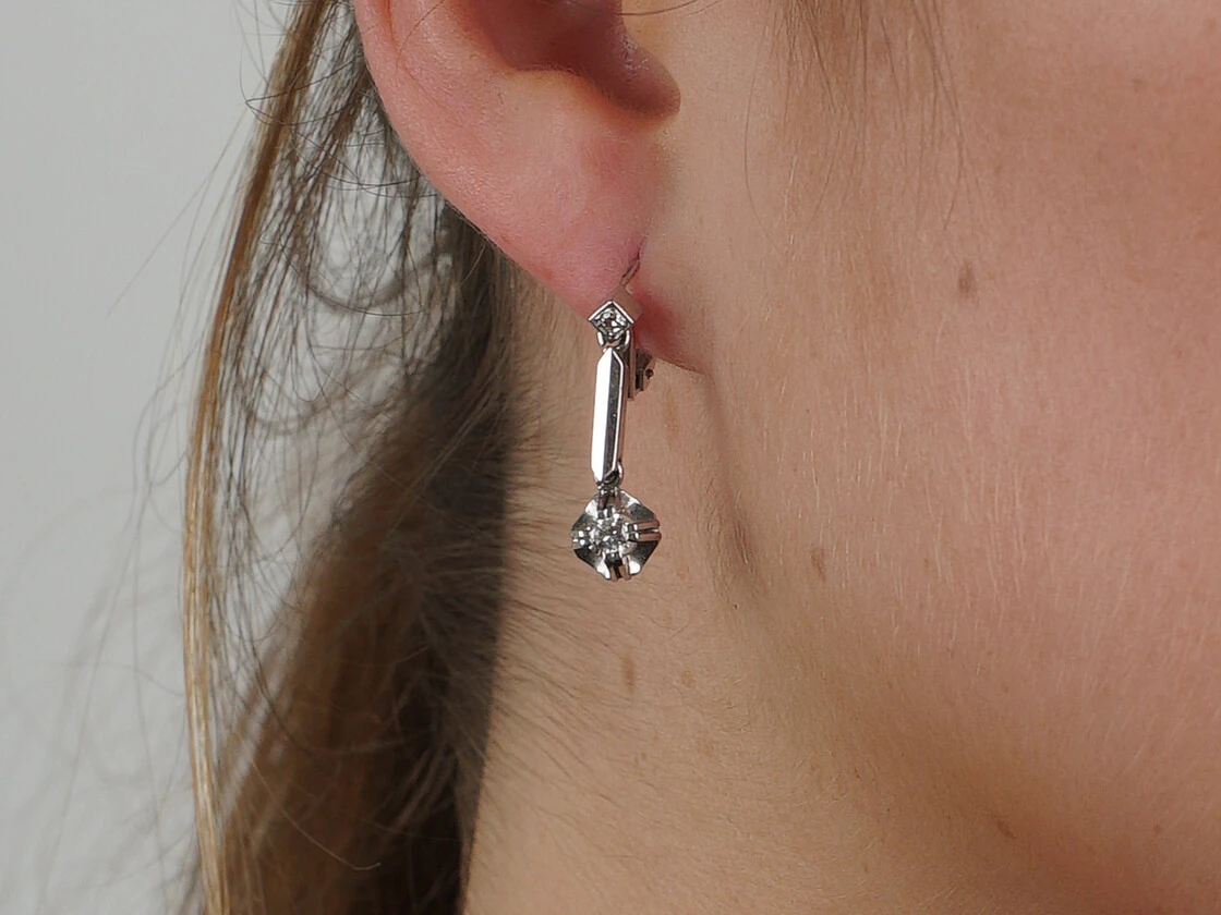Art Deco 18ct White Gold Diamond Drop Earrings 7 Art Deco 18ct White Gold Diamond Drop Earrings - Image 5