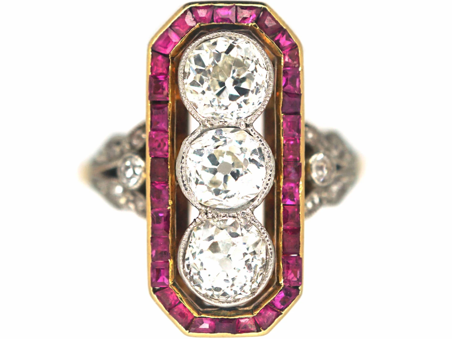 French 18ct Gold & Platinum, Art Deco 18ct Gold & Platinum, Ruby & Diamond Rectangular Ring 3 French 18ct Gold & Platinum, Art Deco 18ct Gold & Platinum, Ruby & Diamond Rectangular Ring