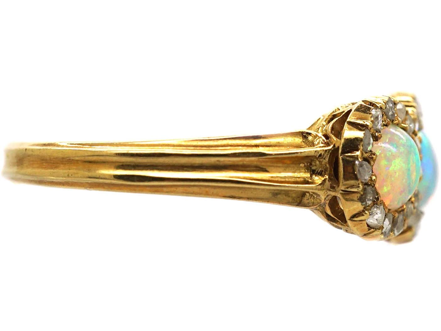 Edwardian 18ct Gold, Three Stone Opal & Rose Diamond Triple Cluster Ring 7 Edwardian 18ct Gold, Three Stone Opal & Rose Diamond Triple Cluster Ring - Image 5