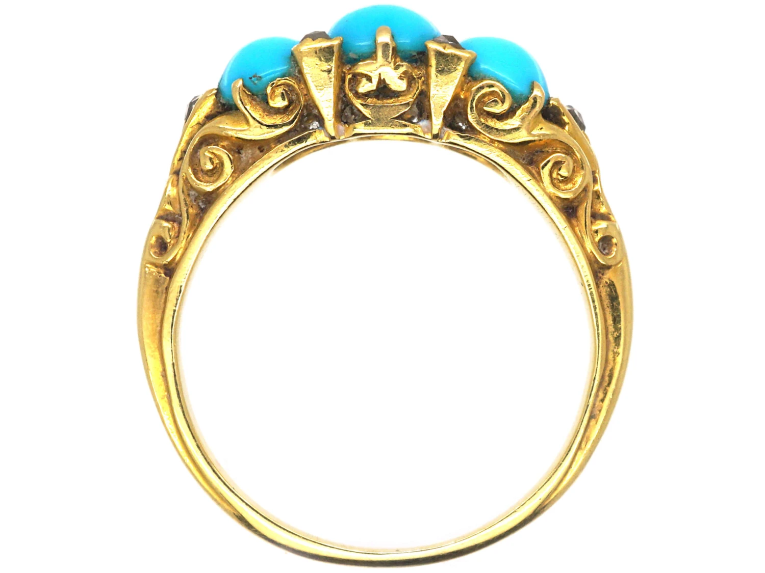 Victorian 18ct Gold Three Stone Turquoise & Rose Diamond Ring 6 Victorian 18ct Gold Three Stone Turquoise & Rose Diamond Ring - Image 4