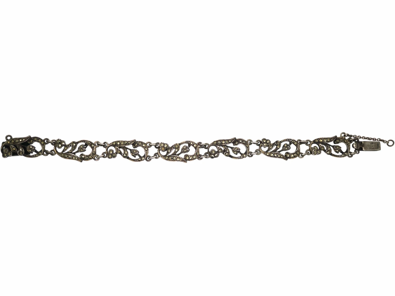 Art Deco Silver & Marcasite Floral Design Bracelet 3 Art Deco Silver & Marcasite Floral Design Bracelet