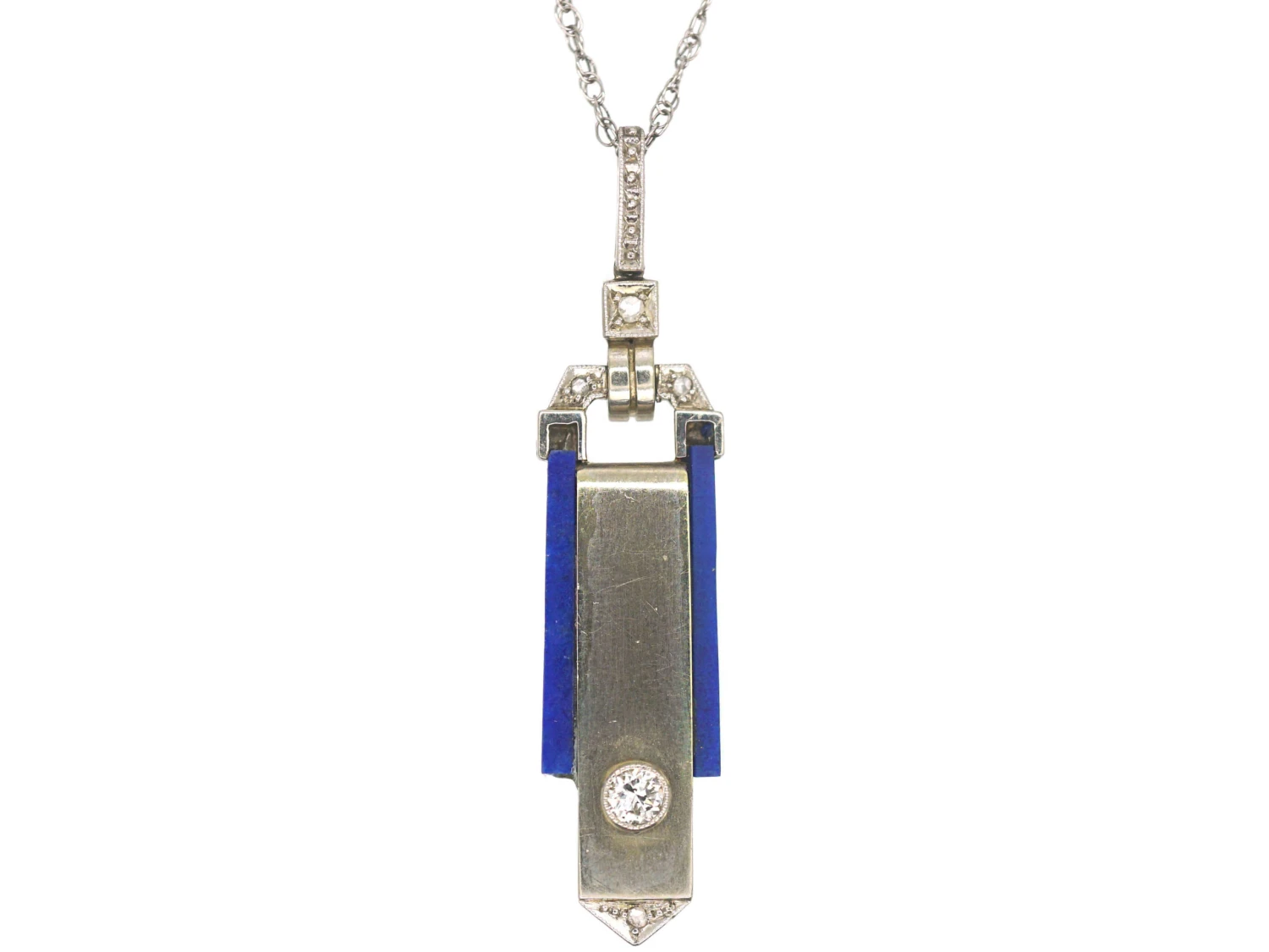 Art Deco 18ct White Gold Lapis Lazuli & Diamond Pendant On 9ct White Gold Chain 3 Art Deco 18ct White Gold Lapis Lazuli & Diamond Pendant On 9ct White Gold Chain