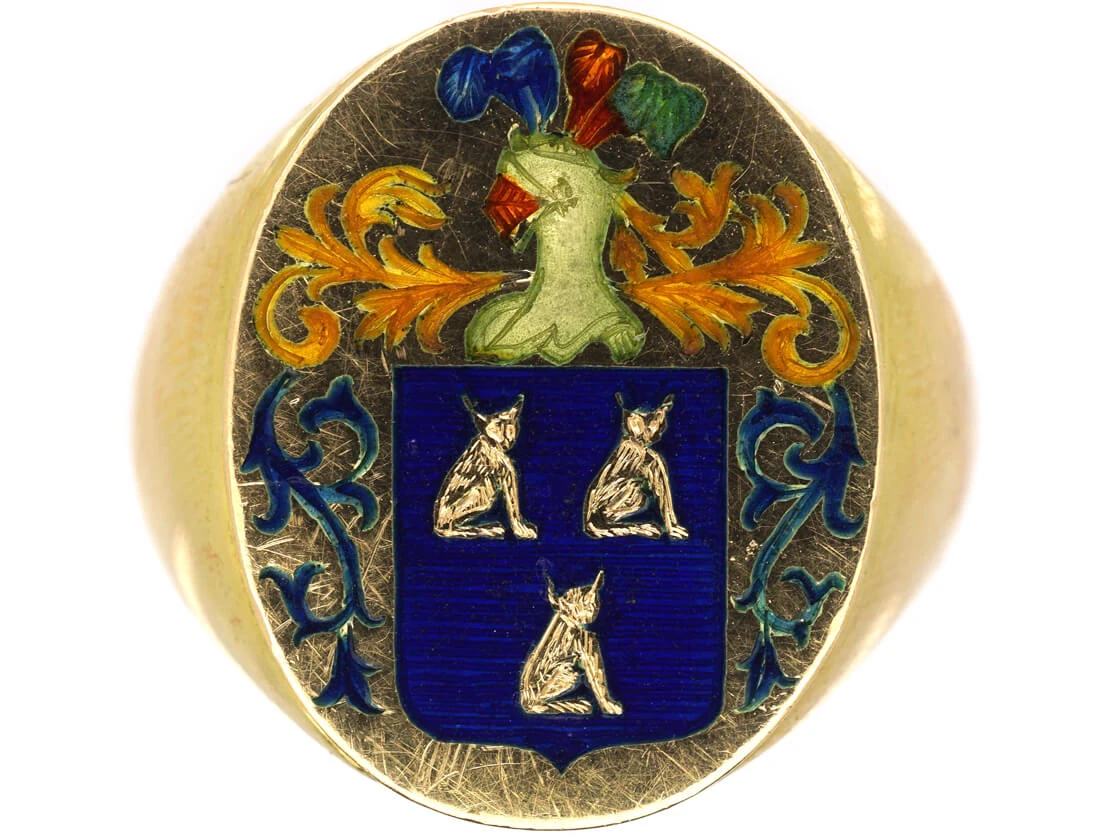 Large 18ct Gold & Enamel Signet Ring With Crest 3 Large 18ct Gold & Enamel Signet Ring With Crest